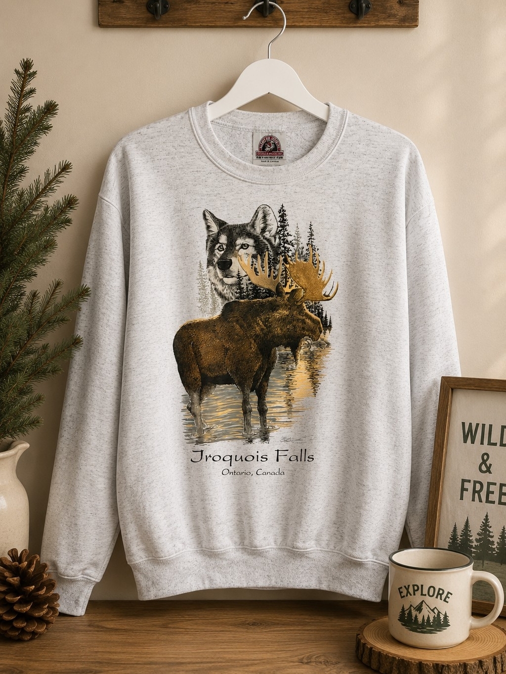 Canada North Sportswear Iroquois Falls Moose Wolf Crewneck Sweatshirt XL